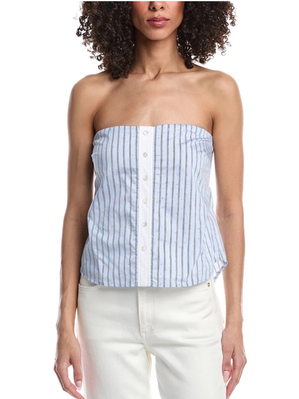 Ramy Brook Light Blue and White Striped Strapless Button-Down Top